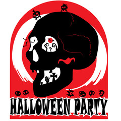 Black skull on a red background. There are monsters and zombies around the skull. Halloween Party T-shirt Print