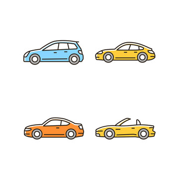 Practical sports cars RGB color icons set. Hatchback model. Sports sedan. Coupe automobile. Cabriolet with retractable roof. Isolated vector illustrations. Simple filled line drawings collection