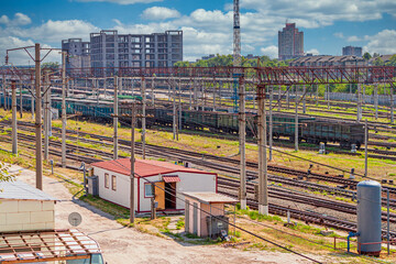 Fototapeta premium View of Darnitsky railway station, rails, railway equipment