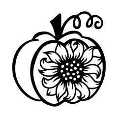 Pumpkin with sunflower is on white background. Vector illustration.