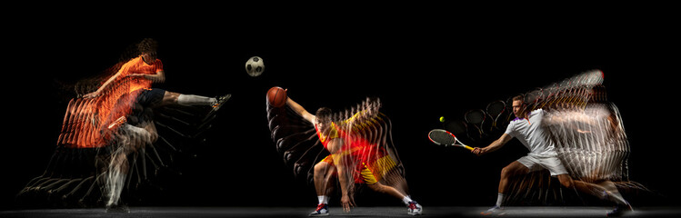 Collage of images of proffesional soccer football, basketball and tennis player in motion isolated...