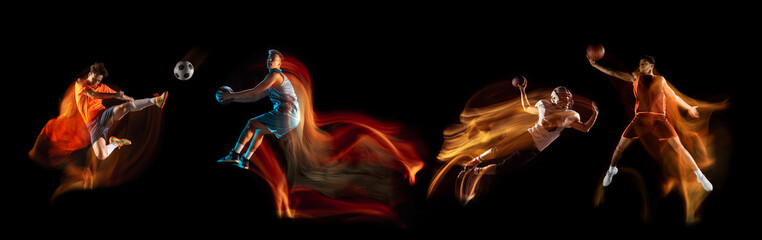 Collage of male american football, soccer and basketball players in action and motion isolated over dark background in mixed neon light. Flyer. © master1305
