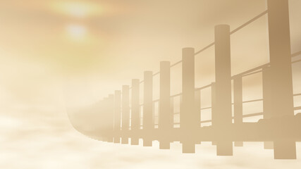 Fototapeta premium Sun is rising over a wooden suspension bridge in a foggy morning (3D Rendering)