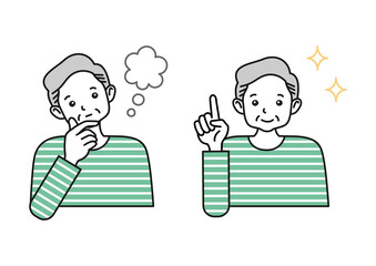 悩む、考える、解決するポーズの年配の男性のイラスト