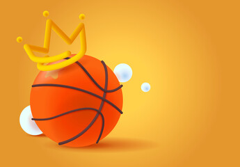 3d render of a basketball on an orange background with a golden crown, sports basketball equipment