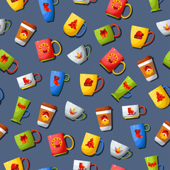 A set of mugs with Christmas drawings. Festive, Christmas mugs. Seamless pattern on a gray background, with a set of tea and coffee mugs and cups with a Christmas decoration.