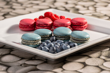 delicious raspberry and blueberry macaroon in a plate 