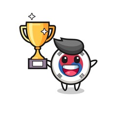 Cartoon Illustration of south korea flag is happy holding up the golden trophy