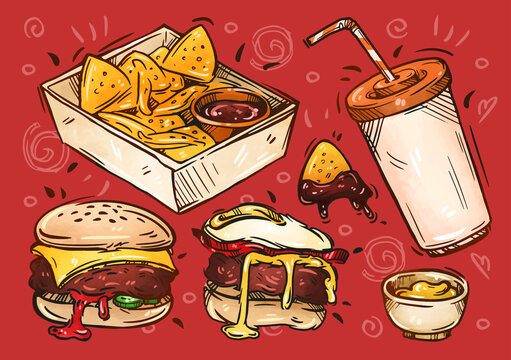 Fast food illustration. Hand drawn sketch. nachos, barbecue sauce, mustard, soda, cheeseburger, burger benedict with egg. Street food collection, take away menu design. Vector doodle color set