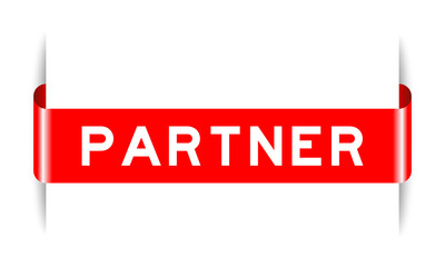 Red color inserted label banner with word partner on white background