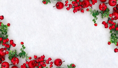 Christmas decoration. Frame of twigs christmas tree, red berries, red apples on snow with space for text. Top view, flat lay