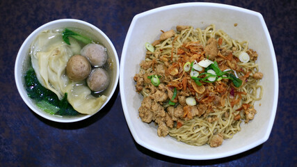 Indonesian Meatball and Noodle Soup or mie ayam baso.