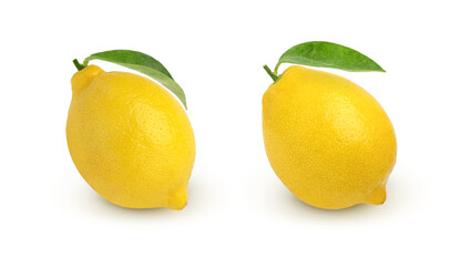 Ripe lemon fruit with leaves isolated on white background.