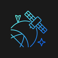 Satellite location in space gradient vector icon for dark theme. Artifial satelite status information. Thin line color symbol. Modern style pictogram. Vector isolated outline drawing
