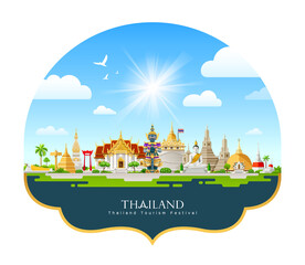 Obraz premium Thailand architecture tourism festival design on cloud and sky on blue background, eps 10 vector illustration 