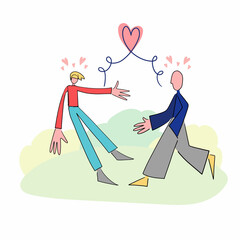 Gay couple, one gender love concept. Happy smiling young men cartoon characters lovers making heart shape with their hands and fingers on blue background vector illustration