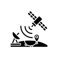 Global Positioning System black glyph icon. Artificial satellite-based radionavigation global system. GPS positioning technology. Silhouette symbol on white space. Vector isolated illustration