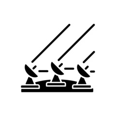 Ground Satellite system black glyph icon. Signal receiving dish satelite. Global telecommunications network connection. Silhouette symbol on white space. Vector isolated illustration