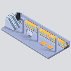 cartoon isometric metro station with train at stop, vector illustration