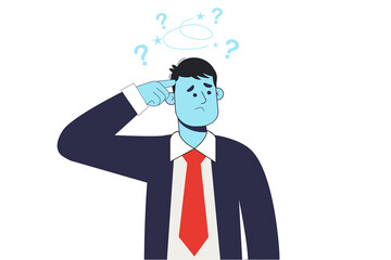 Business man is confused, Thinking businessman surrounded by question marks , Business concept.