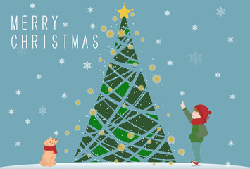クリスマスカード（ツリーと少年と犬）