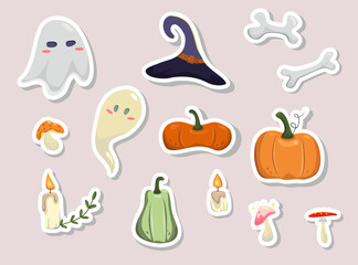 Collestion set of hand drawn stickers for halloween concept. Stickers, icons, design elements. Vector collection of Halloween theme elements.