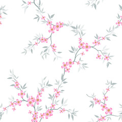 seamless pattern of flowers, branches and leaves