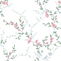 seamless pattern of flowers, branches and leaves