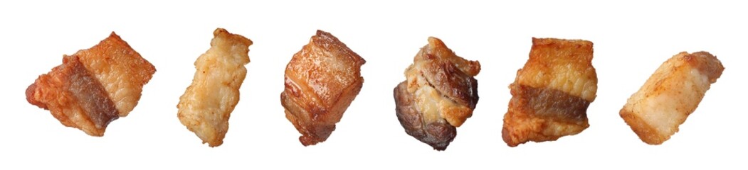 Set with tasty fried cracklings on white background, banner design. Cooked pork lard