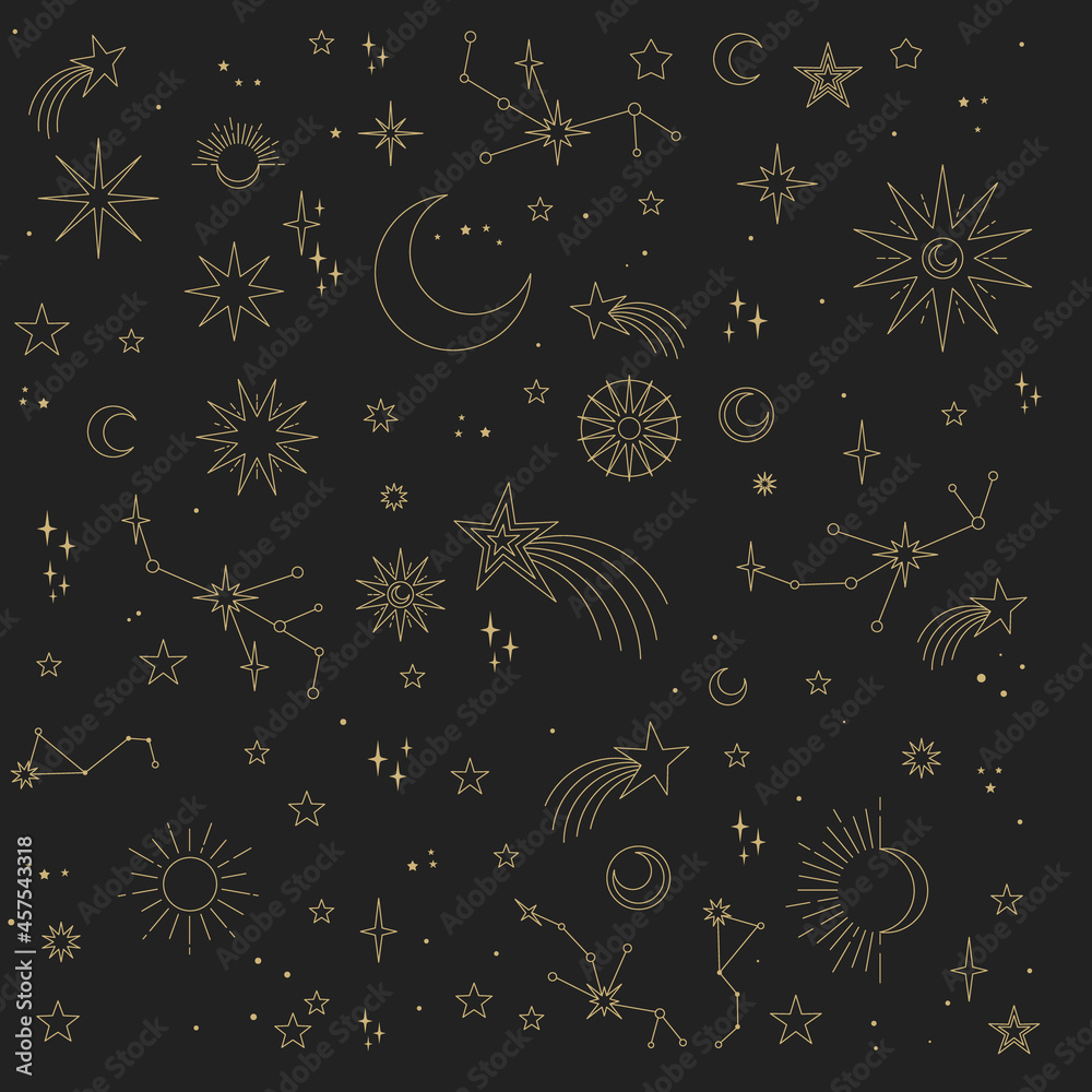 Wall mural stars, moons and constellations. linear design astrology elements. seamless pattern of celestial spa