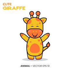 Cute giraffe character, sweet smile expression with raised hand.