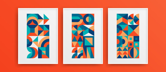 Bright vivid geometric shapes design vector layout set. Isolated abstract mural decor illustration collection.