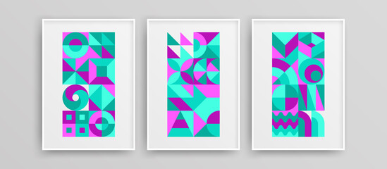 Amazing modern mural art template set. Colorful clean geometric shapes vector design illustration composition.