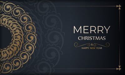 Brochure Merry Christmas and Happy New Year in dark blue color with abstract gold pattern