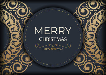 Brochure Merry Christmas and Happy New Year in dark blue with luxury gold ornaments