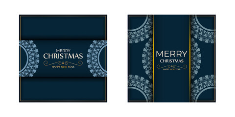 Brochure Merry Christmas and Happy New Year in dark blue with vintage blue ornaments