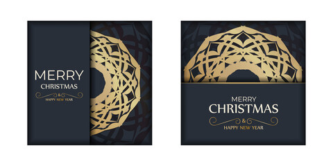 Brochure Merry Christmas and Happy New Year in dark blue with vintage gold ornament