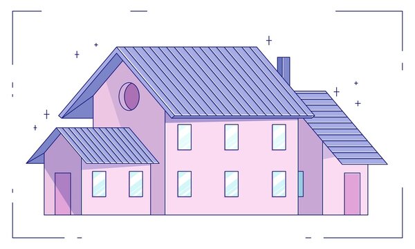 recommend clip art: Cute vector house in axonometric. Soft pastel color palette. Pitched roof with chimney. Pink facade walls and blue purple roof tile