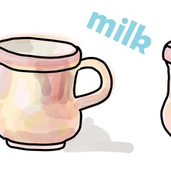 Seamless pattern of abstract watercolor fills and lettering milk on a white background for textiles.