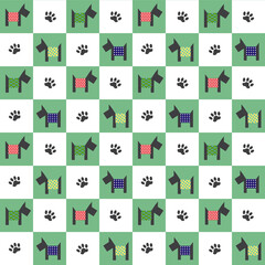 Pattern with dogs in patchwork style. Spitz, colored squares and animal footprints. Vector illustration. For packaging, illustrations, covers, fabrics and prints, pet supplies