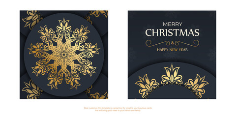 Fototapeta na wymiar Brochure merry christmas dark blue with abstract gold pattern