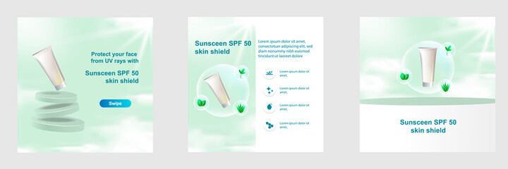 Minimal modern beauty fashion cosmetic social media square post banner in green color. For product knowledge, display, price catalog advice template with sky cloud, soap bubble sphere