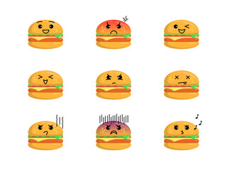 Cute burger illustration set with various expressions