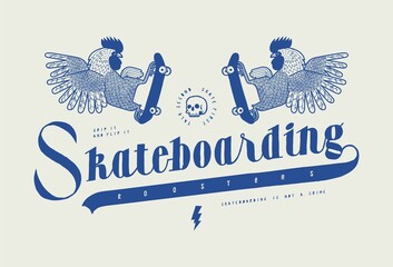 Skateboarding roosters vintage typography t-shirt print.