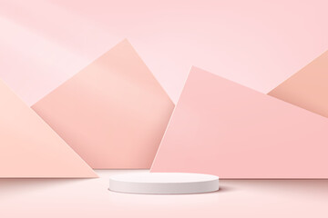 White, pink geometric pedestal podium with triangle shape layers backdrop. Vector abstract studio room with 3D platform. Modern minimal wall scene for cosmetic products. Showcase, Promotion display.