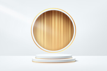 White, Gray and Gold geometric pedestal podium with golden curtain in circle window. Vector abstract studio room with 3D platform design. Luxury minimal scene for products showcase, Promotion display.