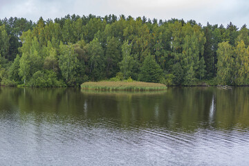 Fototapeta na wymiar Scenic river landscape with green trees in early autumn