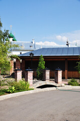 City landscape with a bridge. Decorative bridge with brick pillars.