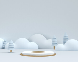 3D render of Winter season Christmas landscape with pedestal podium, Abstract minimal display empty space. Geometry podium for products or showcase.