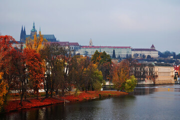 View landscape cityscape of Praha city and Vltava river while fall autumn in garden public park for Czechia people foreign travelers walking relax travel visit morning time in Prague, Czech Republic